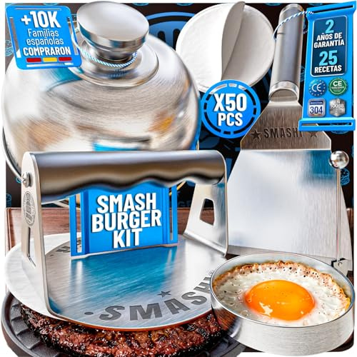 SMASHI® Smash Burger Kit 6 UDS | Mango Silicona Ergonómico | para Casa | Prensa INOX 304, Espátula XL, Tapa, Aro Huevo, 50 Papeles + 25 Recetas. Haz Smash Burger de restaurante en casa.