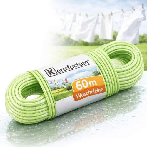 Kerafactum Cuerda para tender con núcleo de acero, 60 m, para balcón, tendedero para tendedero, cuerda de nailon antideslizante, cuerda de lavandería para exteriores, terraza y jardín, exterior