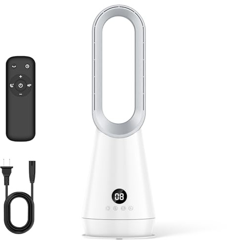 Ventilador Sin Aspas, Ventilador Purificador de Aire con Pantalla LED y Temporizador Remoto 3 Velocidades Esencial de Verano Ideal para Familias con Niños y Mascotas Ventilador de Pie Sin Aspas