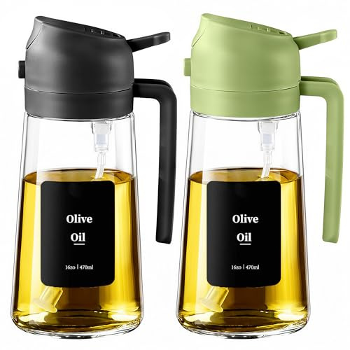 Daitore oljespruta för matolja, 470 ml oljesprayflaska glas, 2-i-1 ljussäker oljedispenser och oljespruta för kök, varmluftsfritös, matlagning, grillning och sallad, 2 stycken