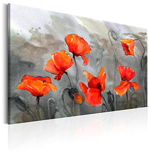 B&D XXL - Wandbilder XXL Mohnblumen 120x80 cm 1 tlg - Wand Deko Vlies Leinwand Bilder Groß Wanddeko Wohnzimmer Schlafzimmer Kunstdrucke - Blumen Mohn wie gemalt rot grau b-B-0232-b-a