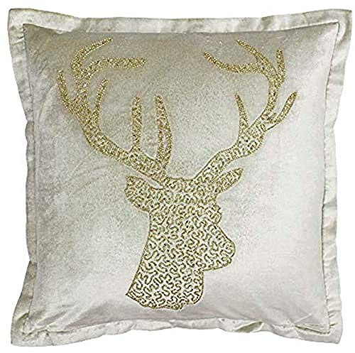 Paoletti Riva Wonderland Stag Coussin De Noël Couverture - Champagne Beige - Pailletée Glitter Stag Head Design - Double Bride Bord - 60% Viscose 40% Coton - 50 X 50 Cm (20 X 20 Pouces)