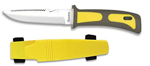 Cuchillo Submarinismo y Actividades acuaticas Amarillo 11,5 cm Buceo,Caza, Pesca, Camping, Outdoor, Supervivencia y Bushcraft Albainox 31333-AM + Portabotellas de regalo