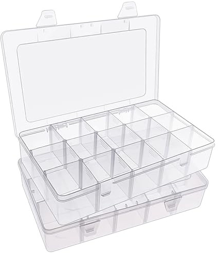 SGHUO 2 Pack 15 Girds Bead Organizer, Large Clear Plastic Organizer Box with Adjustable Dividers for Beads, Art DIY, Crafts, Jewelry, Fishing Tackle with Label Stickers