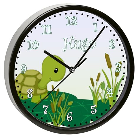 CreaDesign, Wanduhr Kinder personalisiert mit Name, Motiv Schildkröte, Rahmen Wanduhr schwarz, Ø 19,5 cm