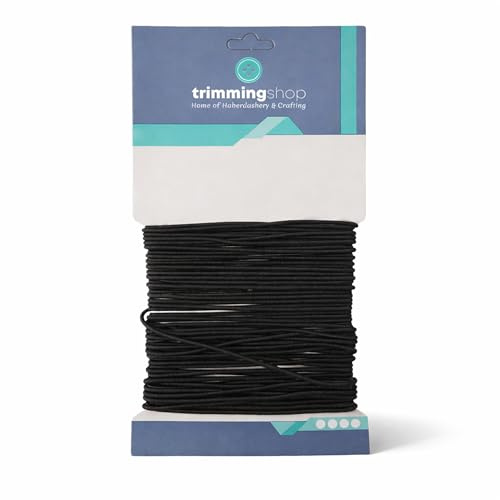 Trimming Shop 1,5 mm breite schwarze elastische Kordel, glatte Oberfläche, stark und dehnbar, 25 Meter langes Gummiband zum Nähen von Kleidung, Stricken, DIY-Projekten, Basteln