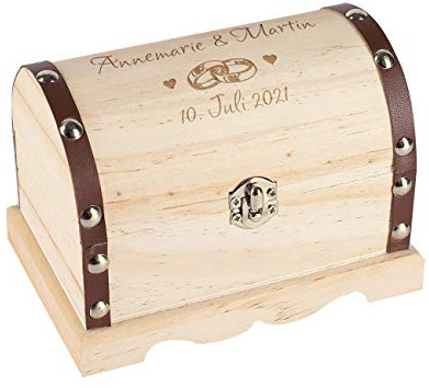 Herz & Heim® Personalisiertes Hochzeitsgeschenk Schatztruhe mit Gravur in verschiedenen Größen Eheringe, ca. 20 cm x 14,5 cm x 12,5 cm (B/H/T)