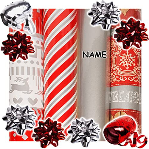 alles-meine.de GmbH 26 TLG. XXL Set: Geschenkpapier - Weihnachten - 8 Rollen + 14 Schleifen + 40 m Schleifenband - inkl. Name - edel - Silber & rot - Geschenkschleifen - Geschenk..