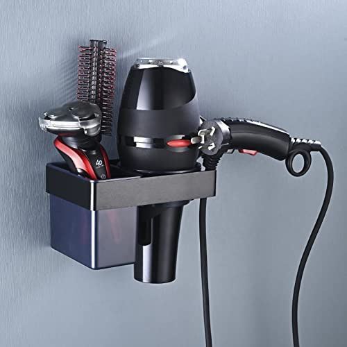 HANFU Haartrocknerhalter, Föhnhalter Wand Ohne Bohren, Aluminium | Fönhalter mit ABS-Aufbewahrung und Kabelhaler, Badorganizer für Stylingzubehör, Föhn Halterung Bad Barbershop Hotel, Schwarz
