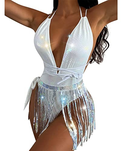 Rave Outfit Damen Body Holografische Stringbody Pailletten Quasten Fransenrock Rückenfrei Bodysuit Badeanzüge für Festival Disco Tanz Clubwear Halloween Motto Party Karneval Fasching Kostüm 1Weiß L