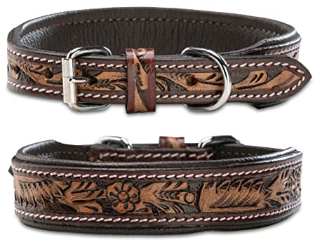 Jack & Russell Unikt hundhalsband av läder med handsnidade stansmönster/ornament - halsband av buffelläder - vadderad hund läderhalsband Alexey (XL (48,0-58,0 cm