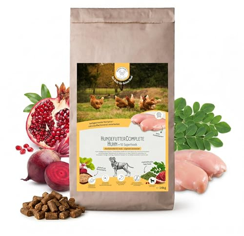 Trockenfutter für Hunde mit viel frischem Huhn, kaltgepresst - glutenfrei, hoher Fleischanteil, magendschonend & gut verträglich, mit Superfoods, Premium Hundefutter, Green PAWLY® (14kg)