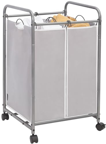 STORAGE MANIAC Laundry Sorter 2 Section, 90 L Gal Laundry Hamper with Wheels, Clothes Basket Separator Sorter, 2 Bag Clothes Cart with Wheels and Removable Bags for Closet, Dorm, Collage, Grey