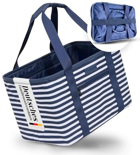 shopwell Einkaufskorb faltbar 30 Liter | Klappkorb zum Einkaufen & Verstauen | Faltbarer Einkaufskorb für die ganze Familie | stabile & sichere Shopping Bag (blau/weiss gestreift)