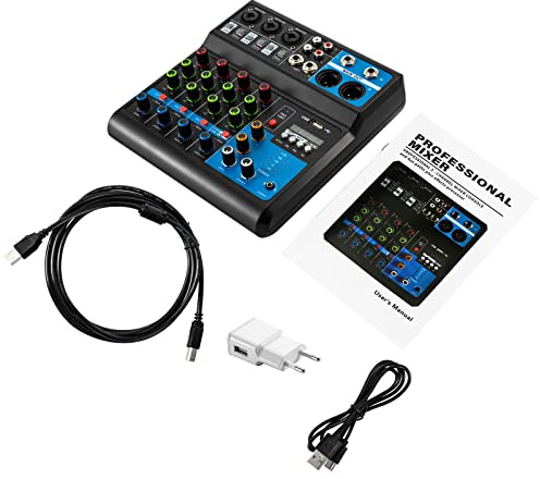 5-Kanal-Stereo-Sound-Mischkonsole, 5 Kanal USB Bluetooth Mixer Live Studio Audio Verstärker DJ Mischer DJ-Mischpult für PC Live Performance KTV Home Stage Musik Effekte Soundkarte