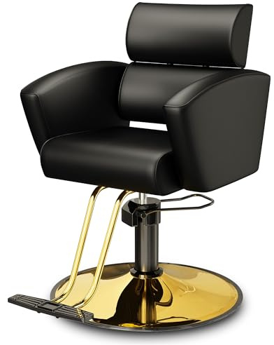 Baasha Premium Black Gold Wide Salon Chair, Sleek and Modern Styling Chair with Soft Leather Upholstery, Adjustable Height, and Heavy-Duty Base, Comfortable Hair Salon Chair for Hair Stylist