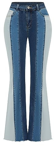 THUNDER STAR Women Patchwork Flare Jeans Stretch High Waisted Bell Bottom Raw Hem Denim Pants #1 Blue M