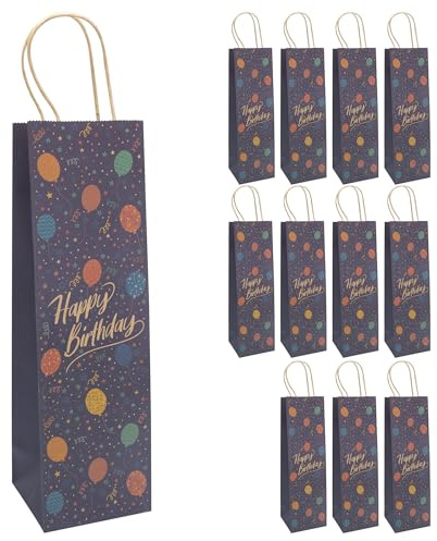 Idena 30400-12 - Flaschentaschen Happy Birthday, 12 Stück, Geschenktüten in der Größe 12 x 10 x 39 cm, Papiertüten zum Geburtstag