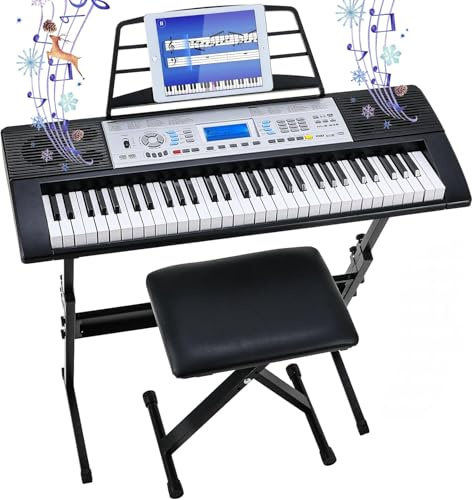 LIFERUN Teclado de piano de 61 teclas, juego de teclado de piano digital con soporte, taburete, micrófono, fuente de alimentación dual, altavoces duales integrados y pantalla LCD, teclado eléctrico