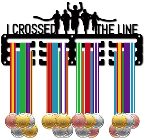 CREATCABIN Lauf-Medaillenhalter,Medaillenaufhänger,Präsentationsständer,Sport-Metallaufhängung,Auszeichnungen,Eisen,Kleine Halterung,Dekor Für Wand,Zuhause,Marathon,Schwarz,29x13cm I Crossed The Line