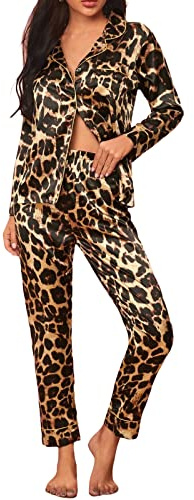 Loalirando Ensemble Pyjama Femme de 2Pcs en Satin Vêtement de Nuit Chic Elégant, Brun Léopard D, M
