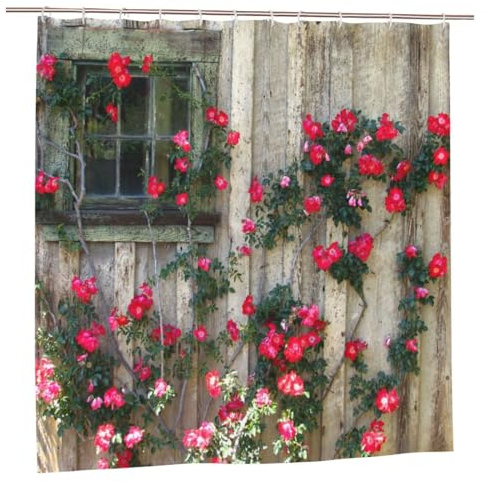 Newhomestyle 3D Garden View Shower Curtain, Outdoor Pink Flowers Wooden Scene Garden Decoration, Waterproof Quick-Drying Polyester Bath Curtain with 12 Hooks, 180X180cm/ 71X71 in