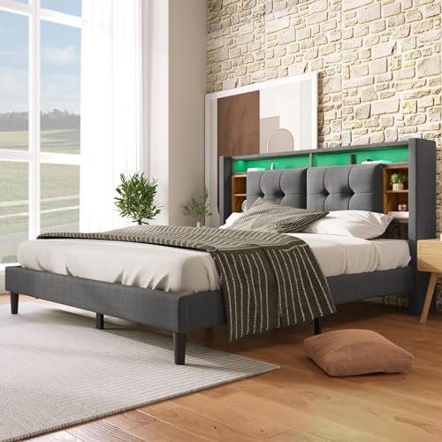Skcess Polsterbett Doppelbett Stauraum-Kopfteil Bett Mit Aufladen USB Und Led-Beleuchtung Bettgestell Lattenrost Aus Holz,160X200Cm Grau(Ohne Matratze)