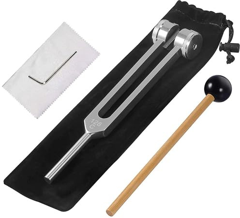 Diapason thérapeutique en aluminium de 128 Hz avec marteau en silicone, kit de réparation et chiffon de nettoyage, le tout emballé dans un sac en velours doux pour un transport pratique et une utilisa