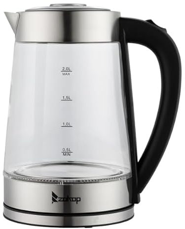 2000W 2L Electric Kettle Glass, Blue LED, Stainless Steel Filter, Boil-Dry Protection Cordless Glass Kettle, Illuminating Electric Cordless Glass Kettle BPA-Free Plastic, Black