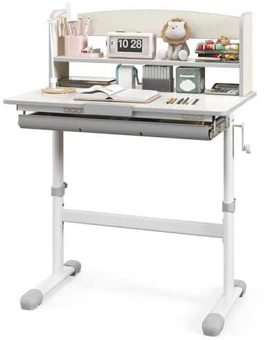 DREAMADE Schreibtisch Kinder höhenverstellbarer und neigungsverstellbar, Schülerschreibtisch Lerntisch Jungendschreibtisch, Kinderschreibtisch mit Schublade und Bücherregal (Grau, 80 x 51 x104 cm)