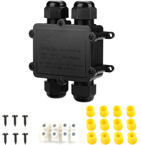 Tynoscco IP68 Waterproof Junction Box H-Shape 4Way Outdoor Electrical Box with M25 Cable Glands Sealed Wire Connector Enclosure for Garden Landscape Underground & Pool Cable Connections 4-14mm Black
