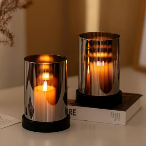 Glasseam Windlicht Glas Kerzenhalter Stumpenkerzen: 2er Set Windlichter Kerzenständer Schwarz Glaszylinder für Kerzen mit Metall Kerzenteller für Tischdeko Kerzenständer Stumpenkerzen für Esstisch