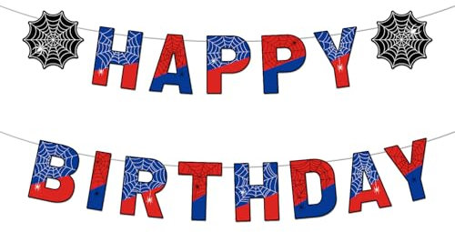 Spider Birthday Decorations, Pre-Strung Spider Theme Happy Birthday Banner Sign Cartoon Movie Hanging Bunting Garland for Boys Kids Birthday Party Baby Shower Decor Supplies