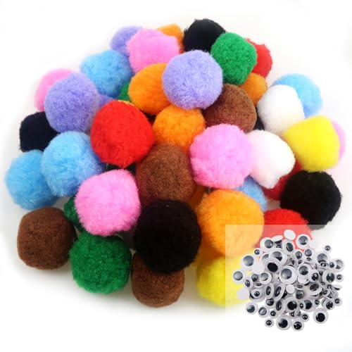 TOAOB 50 Stück Bunte Pompons zum Basteln 4 cm Groß Pom Poms | mit 100 Stück Selbstklebend Wackelaugen, Bälle Kunst Bommel für Dekorieren, Verzieren Nähen DIY Lustige Kreativen Handwerk