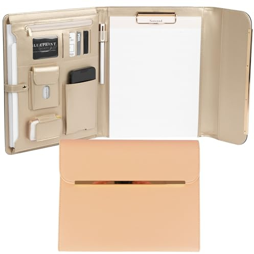 BLU Monaco Carpeta de cuero vegano rosa para mujer, portafolio profesional con cierre magnético y ribete dorado, estuche organizador de negocios