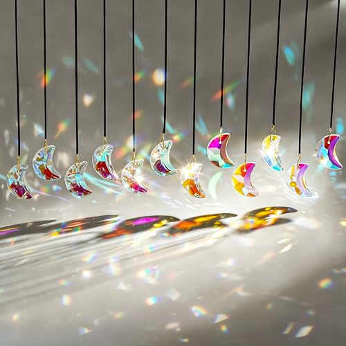 H&D HYALINE & DORA 12pcs 1.1/30mm Crystal Suncatcher Prism Suncatchers for Windows Hanging AB Color Glass Moon Sun Catcher Pendants Rainbow Maker for Home Room Indoor Windows Decor