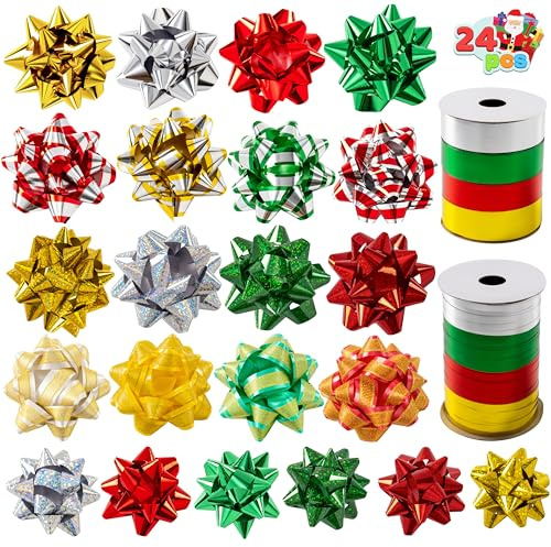 JOYIN 24 piezas de lazos de Navidad y cintas para regalos, 48 lazos autoadhesivos multicolores de varios tamaños y 8 rollos de cintas rizadas
