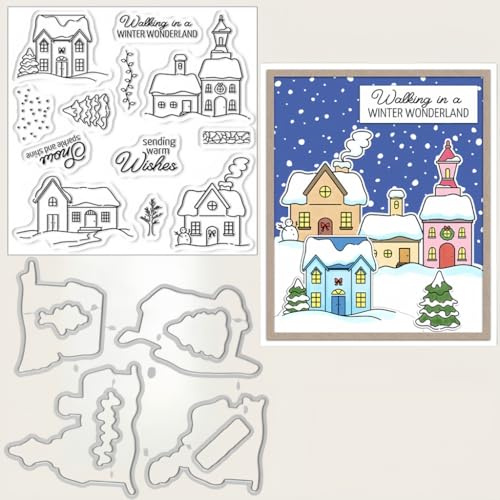 Sredwtk Weihnachten Winter Wunderland Stanzschablonen und Stempelset,Stempel und Stanzen Set,Silikonstempel und Stanzen Set,Clear Stamp und Stanzschablone Für DIY Scrapbooking Fotoalbum Dekor Karten