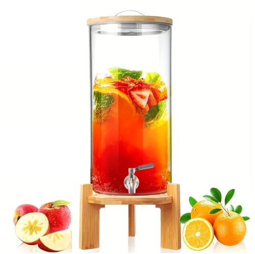 Dispensador de bebidas de vidrio Con grifo de acero inoxidable y base de bambú Transparente Perfecto para agua, jugos, limonada y fiestas,4L