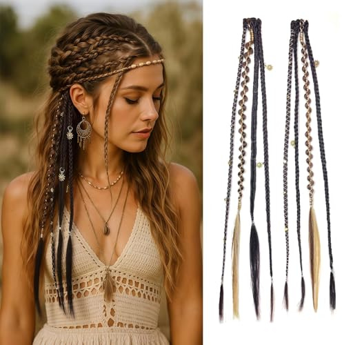 Dsoar Clip in Boho Braids 20 Pollici 2 Pezzi Posticci Intrecciati Bohémien con Perline e Ciondoli Dread Sintetici Resistenti al Calore per Cosplay Uso Quotidiano