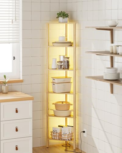 Apetaccat 6-Tier Corner Shelf Unit with LED Light, Triangle Display Stand, Space-Saving Storage Shelf for Living Room, Bedroom, Kitchen & Bathroom, White, 14.5 × 9.5 × 59 inches