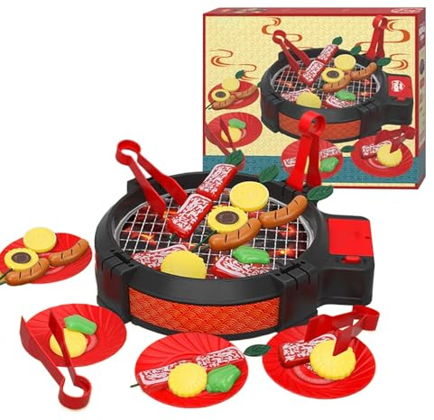 Kinder Grill Spielset | Interaktives Grillspielzeug mit Geräuschen - Outdoor Spielzeug Essen Kochset - Für Und Mädchen Für Drinnen, Draußen, Zuhause, Camping, Spielzimmer, Vorschule Und Schule
