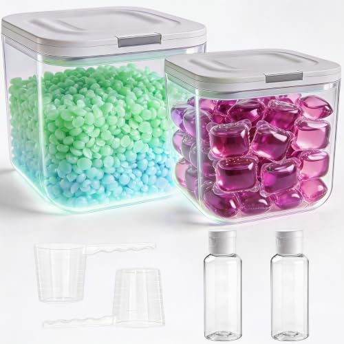 DONQL 2500ml &5000ml Wäsche Pods Behälter mit Druckverschluss mit Etiketten | 2 Stück Waschpulver Aufbewahrungsbox mit Reiseflaschen, WaschmittelbehäLter für Detergent Wäscheperlen Katzenfutter Organizer