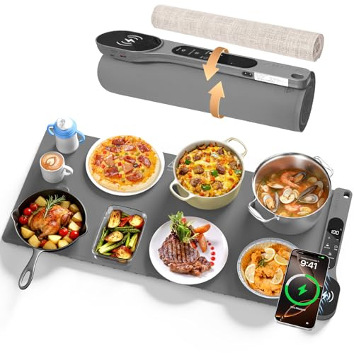 New Food Warming Mat with Wireless Charger, 34”x15” Extra Large Food Warmer | Roll Up Fast Heating Mat for Food with 7 Level Temperature & 8 Hours Timer, Electric Warming Trays for Buffets Party (Grey)