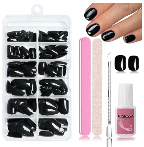 Nymora Press on Nails, 240 Stück, Künstliche Nägel zum Aufkleben, Soft Gel Tips, ABS-Material, Inkl. Nagelkleber 8ml, Nagelfeile, Nagelhautschieber, Aufbewahrungsbox (Schwarz)