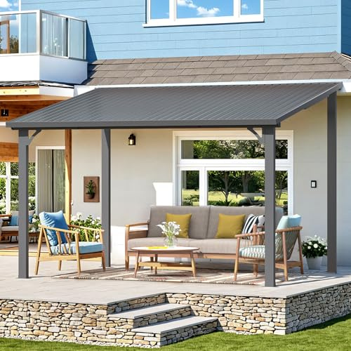 YODOLLA Pergola adossée Aluminium 2.4 x 3.6m, Gazebo à Toit Rigide, Pergola Murale pour Terrasse Extérieur, Pavillon de Jardin, Toit Incliné pour Ombre - Résistant aux UV & Intempéries - Noir