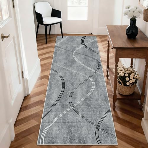 Alishomtll Teppich Grau Kurzflor 80x150 cm, Geometrischer Teppich