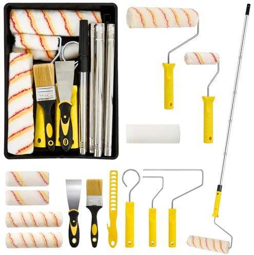 13Pcs Paint Roller Set, Paint Rollers and Trays Sets with 9 Inch & 4 Inch Rollers, Extension Pole, Paint Brush,Stirrer and Scraper Professional Painting Tools for Walls, Ceilings
