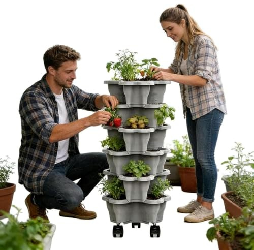 Stackable Strawberry Planter - 6-Tier Vertical Garden Tower With Self-Watering | Space-Saving Planter For Patio, Balcony & Indoor Use, Includes Wheels For Easy Mobility