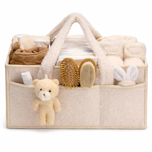 NSXVIA Baby-Windel-Caddy Organizer für Wickeltisch, Baby-Aufbewahrungskorb für Windeln und Feuchttücher, Geschenk für Babyparty, Auto-Caddy Organizer, Kindergarten-Windel-Organizer (cremeweiß)